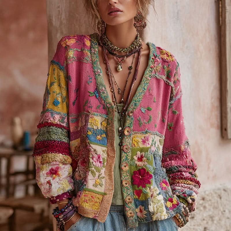 Vintage women's cardigan in bohemian style with floral patchwork