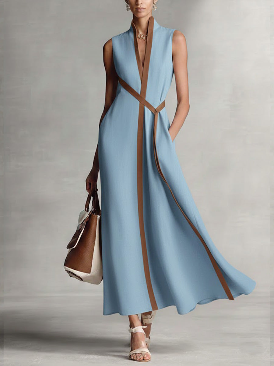 Vestido largo de mujer con corte fluido y detalles en contraste