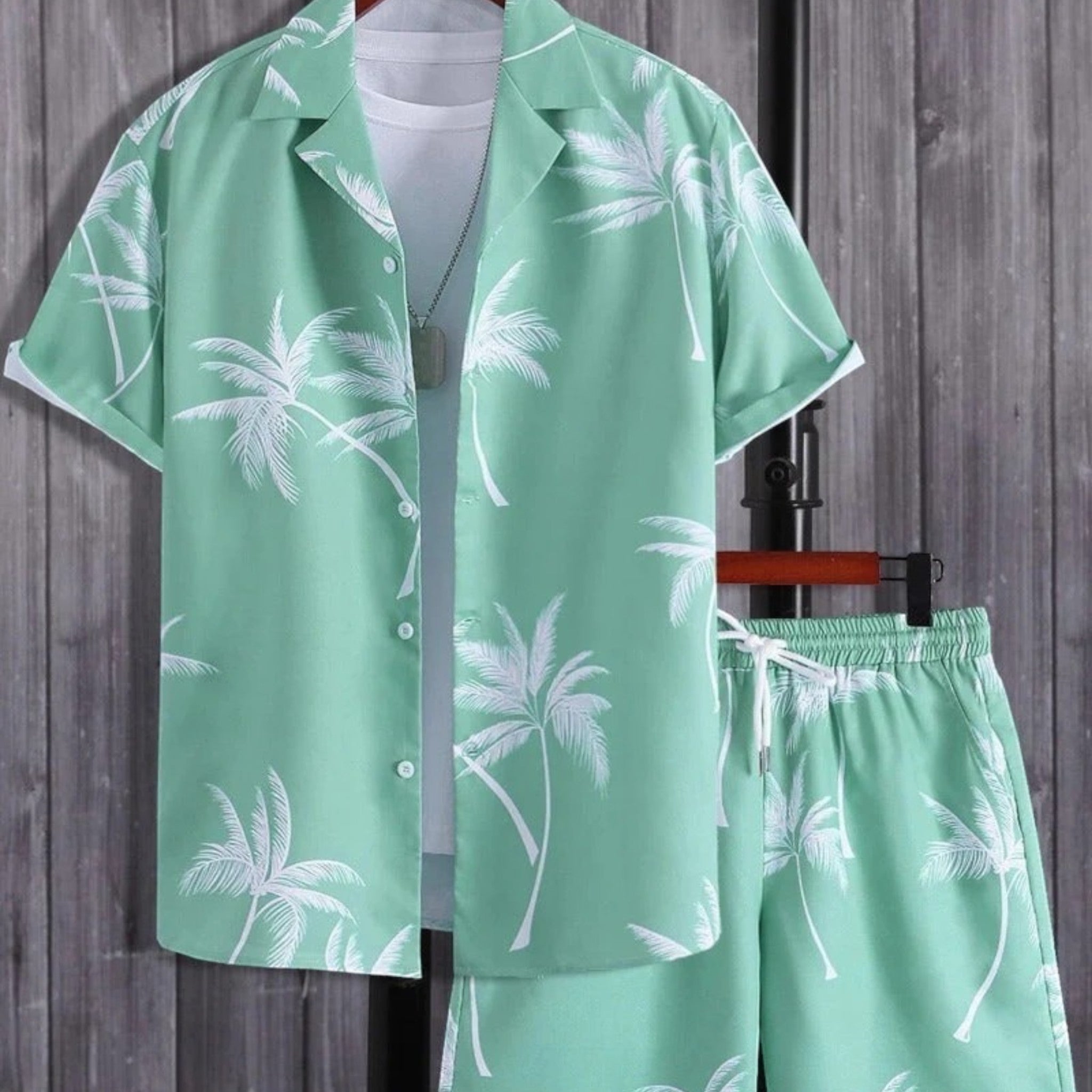 Short Sleeve Shirt and Tropical Print Shorts Set for Men