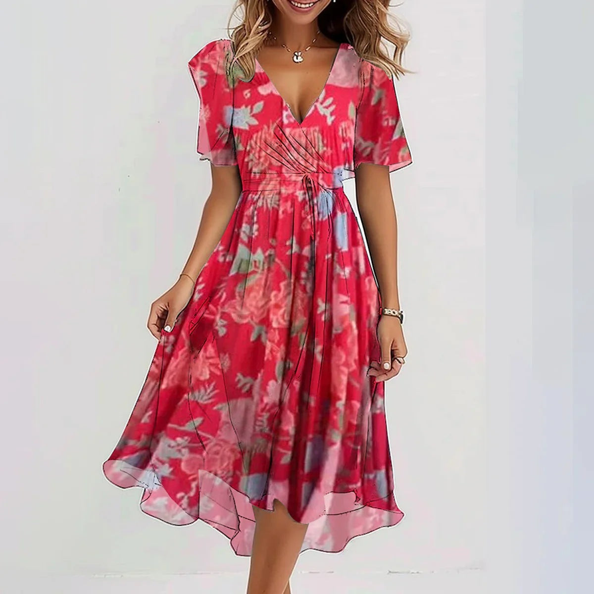 Robe midi d'été à imprimé floral et col en V pour femme