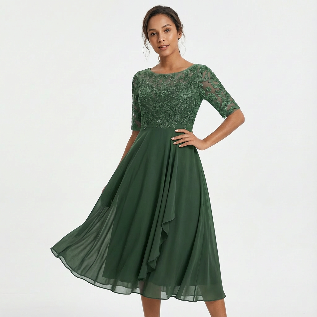 Robe de cérémonie midi en dentelle pour femme Eliza à manches mi-longues