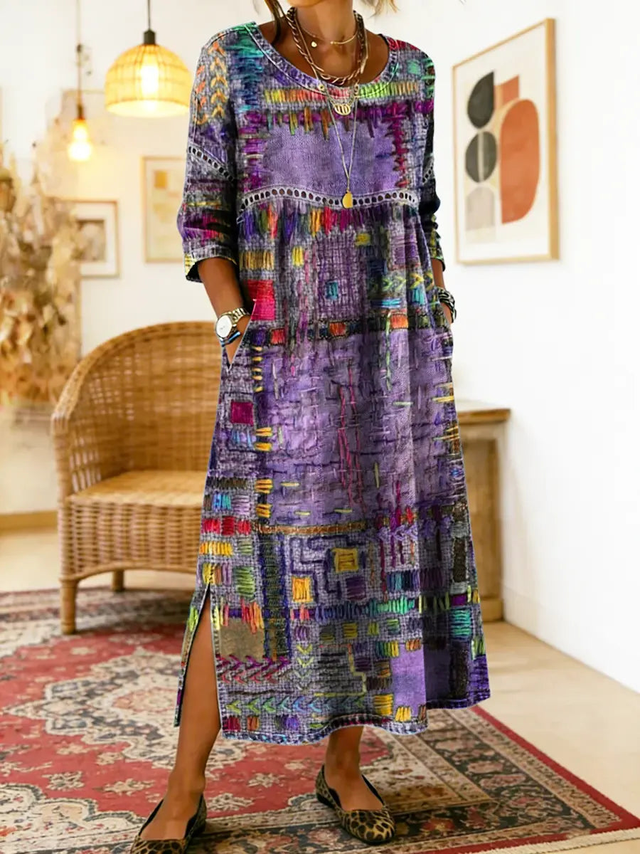 Robe Midi Femme à Imprimé Artistique et Fente Latérale