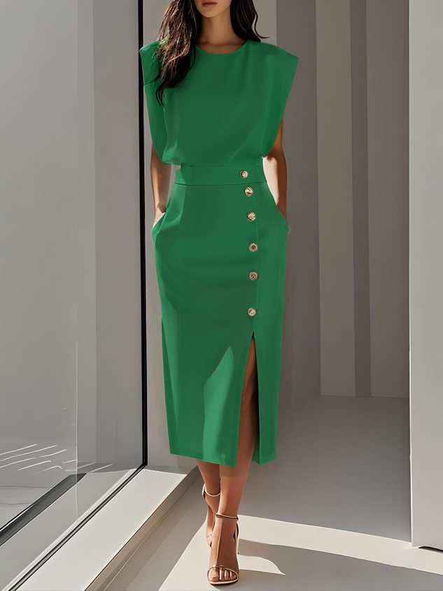 Sleeveless Midi Dress with Decorative Buttons and Slit