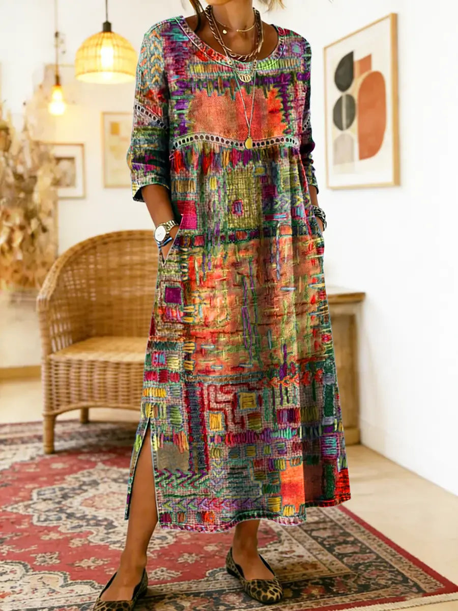 Robe Midi Femme à Imprimé Artistique et Fente Latérale