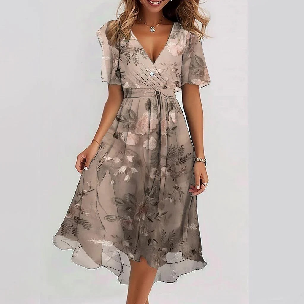 Robe midi d'été à imprimé floral et col en V pour femme