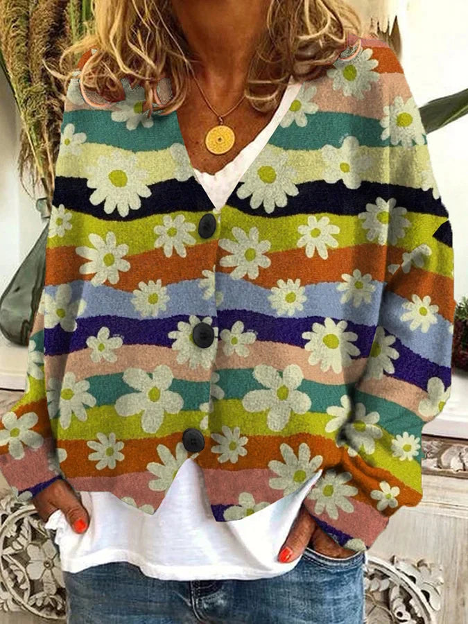 Casual V-Neck Cardigan with Colorful Floral Pattern for Women
