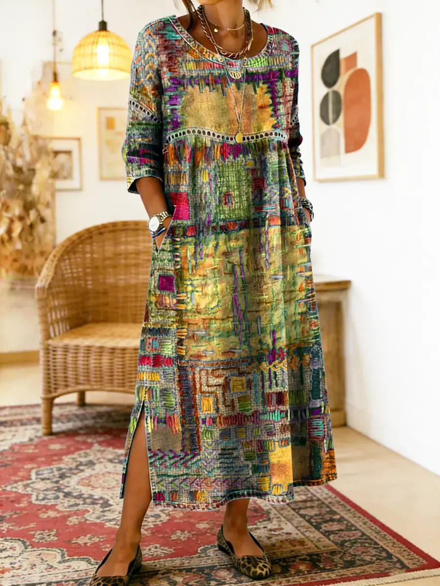 Robe Midi Femme à Imprimé Artistique et Fente Latérale