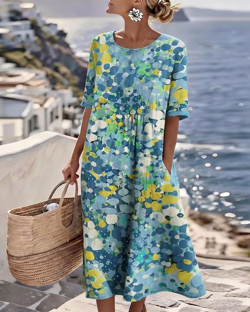 Women's Floral Print A-Line Midi Dress with 3/4 Sleeves