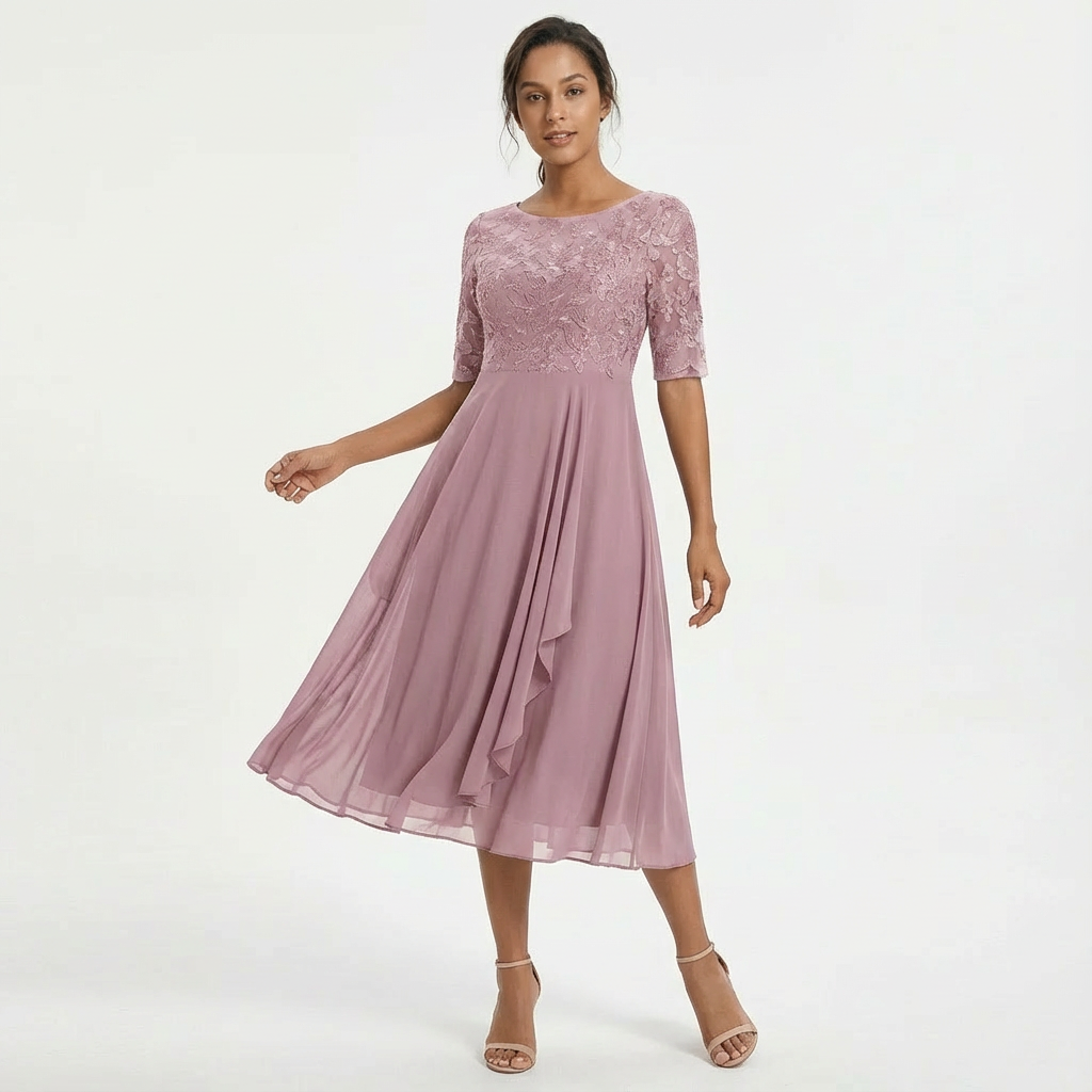 Robe de cérémonie midi en dentelle pour femme Eliza à manches mi-longues