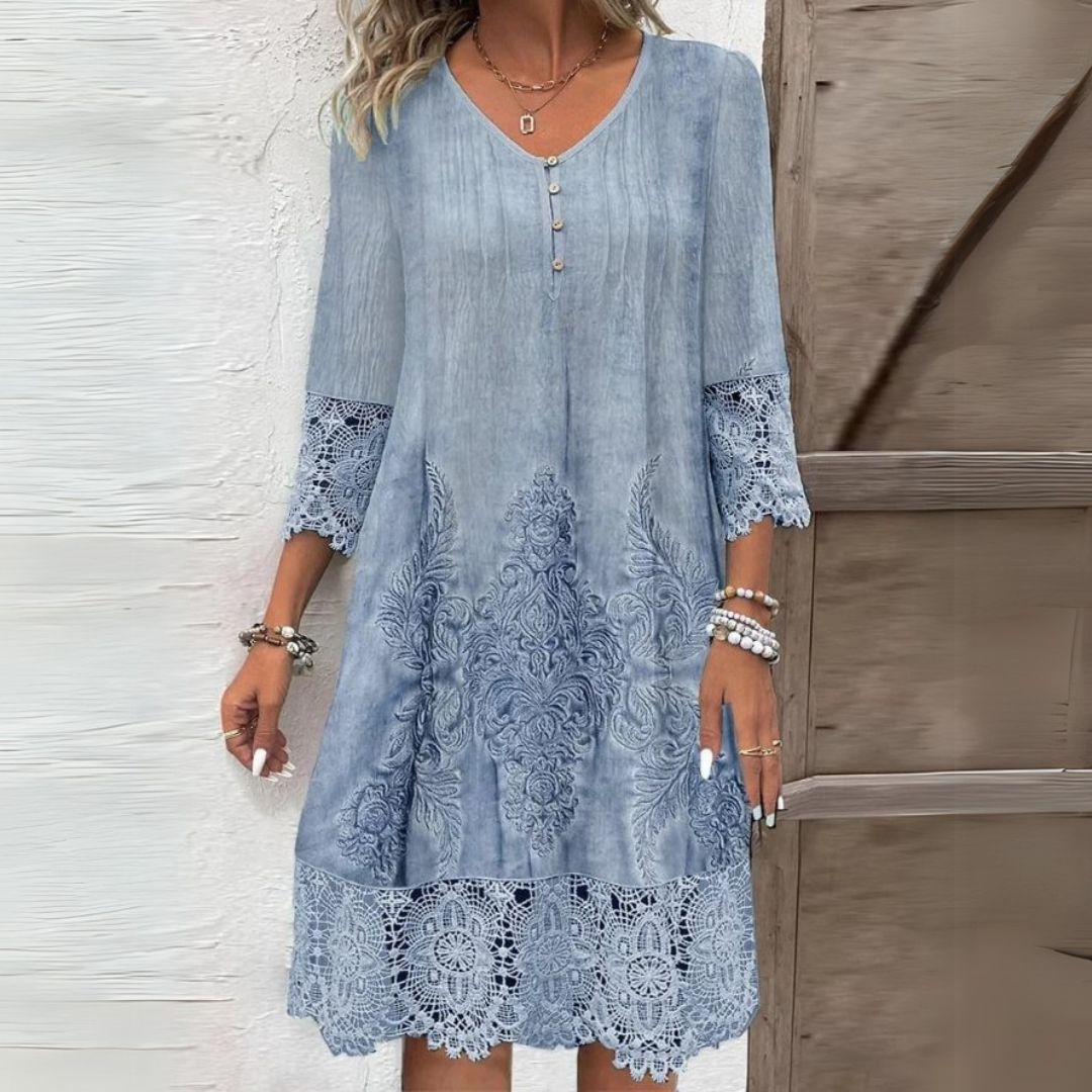 Casual Short Dress with 3/4 Sleeves and Lace Details for Women