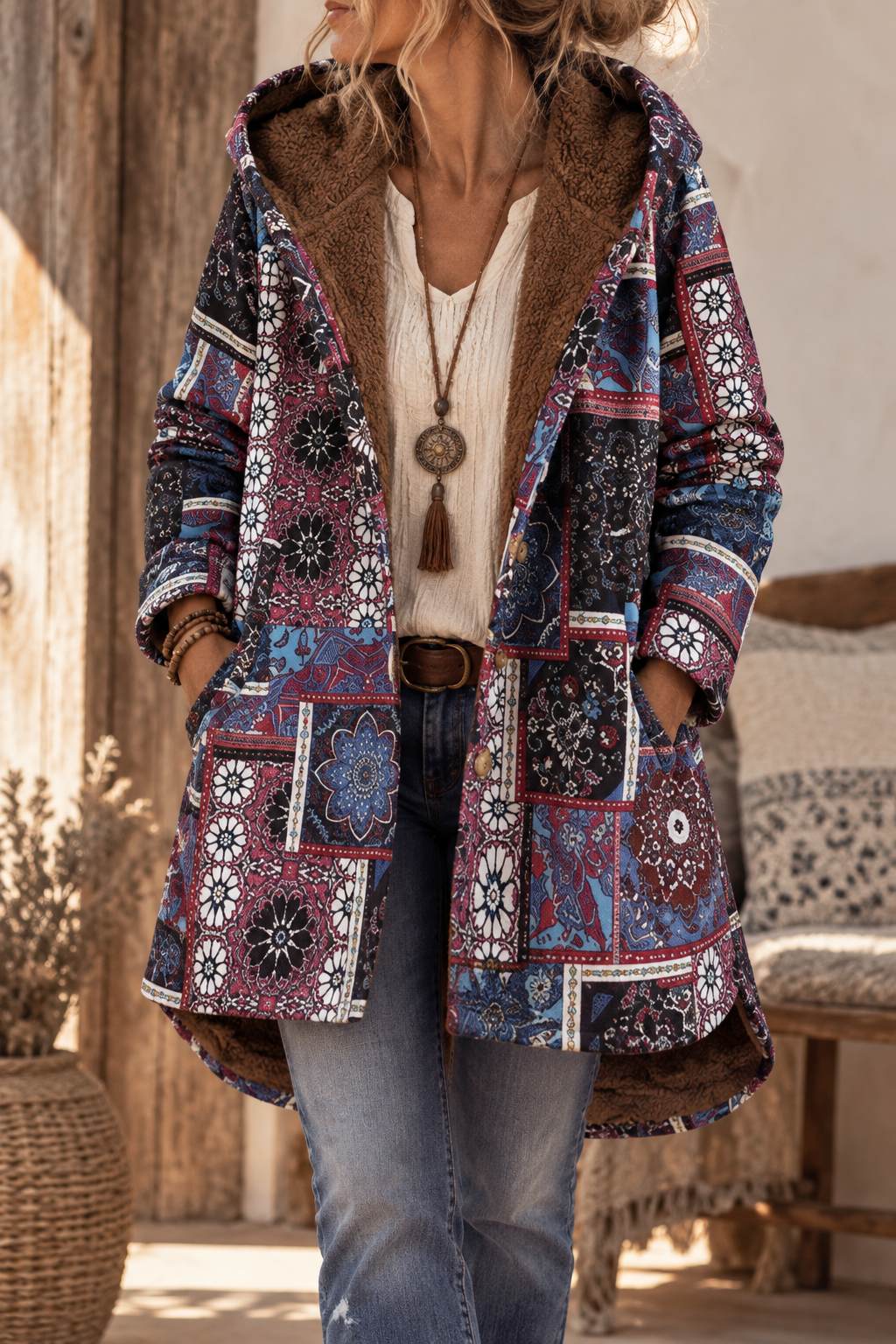 Manteau Bohème Femme Imprimé Floral Doublure Fourrure