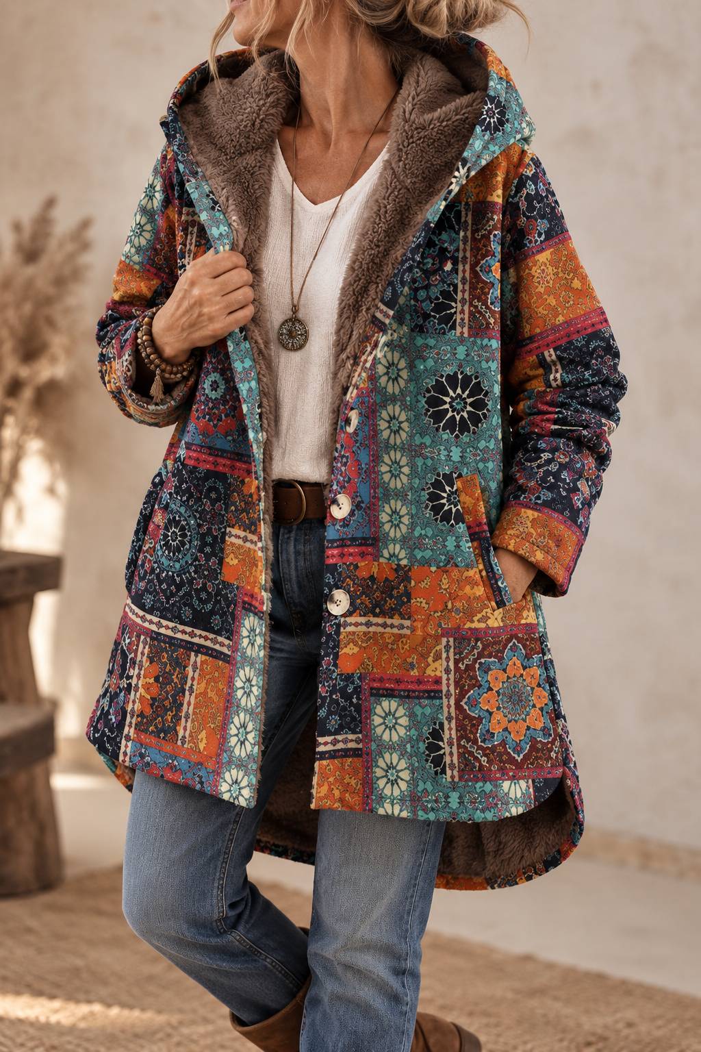 Manteau Bohème Femme Imprimé Floral Doublure Fourrure