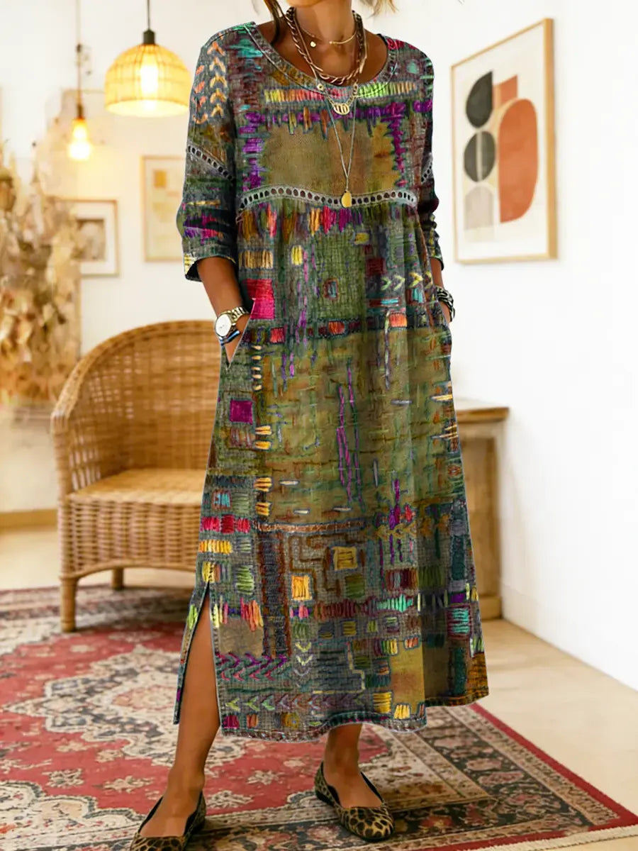 Robe Midi Femme à Imprimé Artistique et Fente Latérale