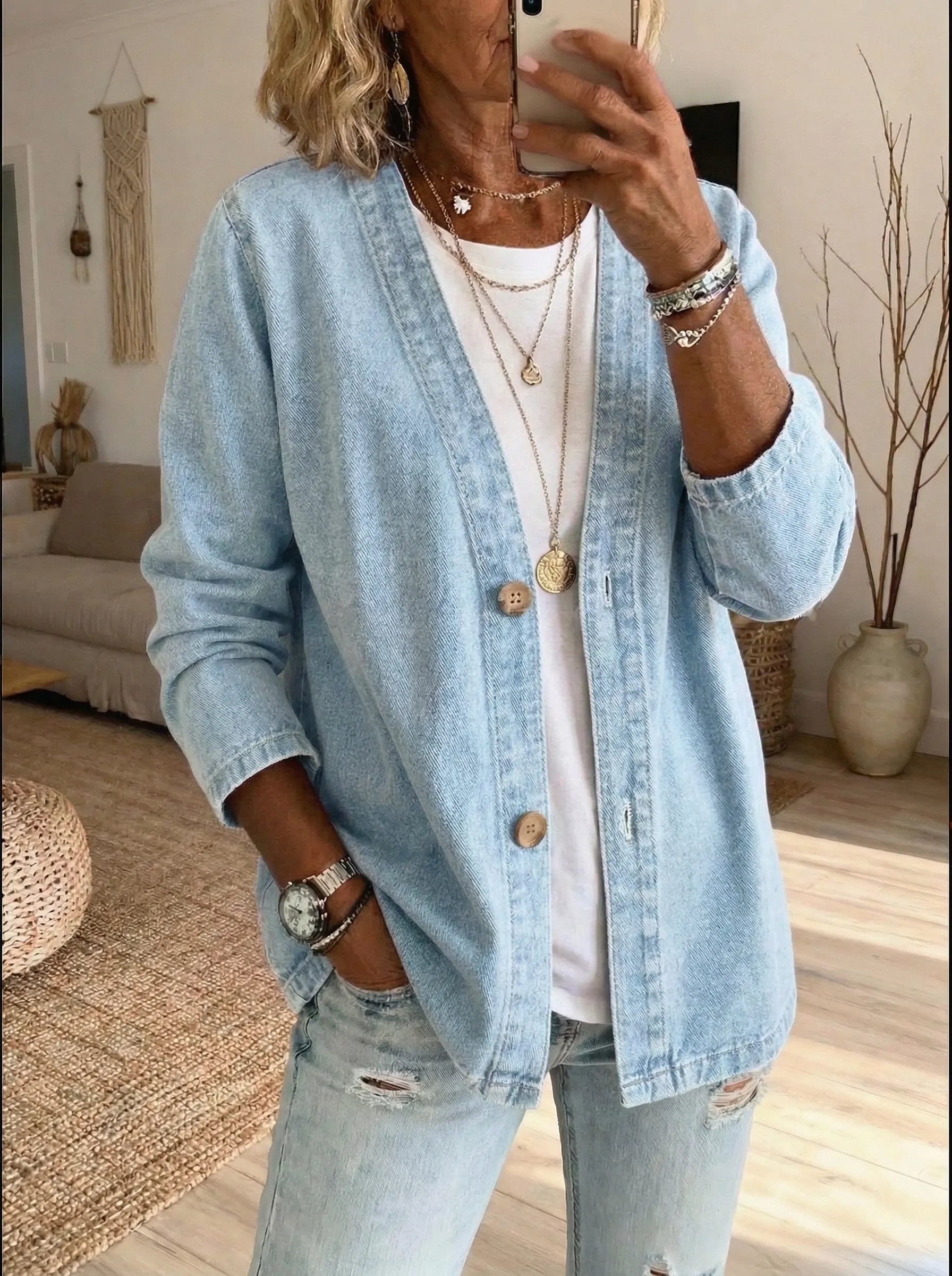 Casual Button-Up Denim Cardigan for Women