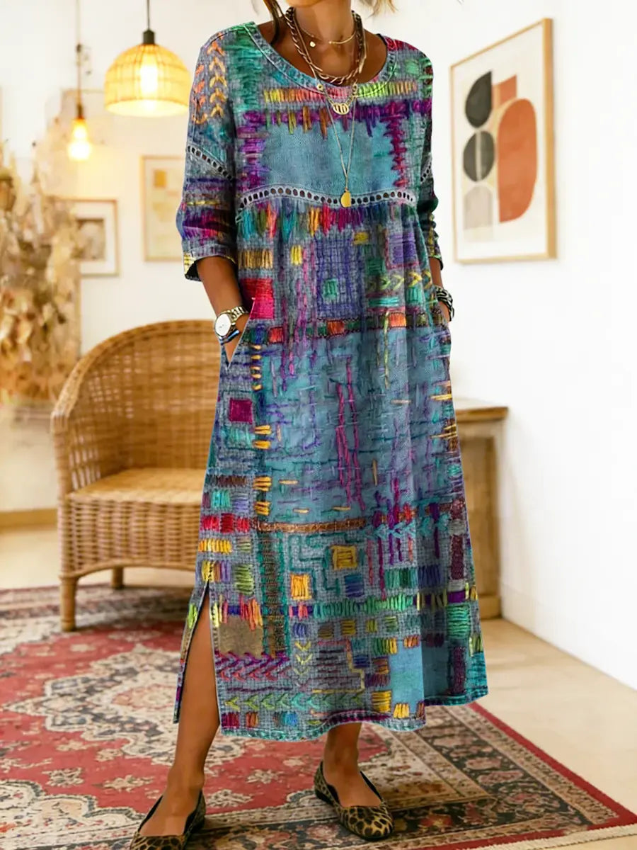 Robe Midi Femme à Imprimé Artistique et Fente Latérale