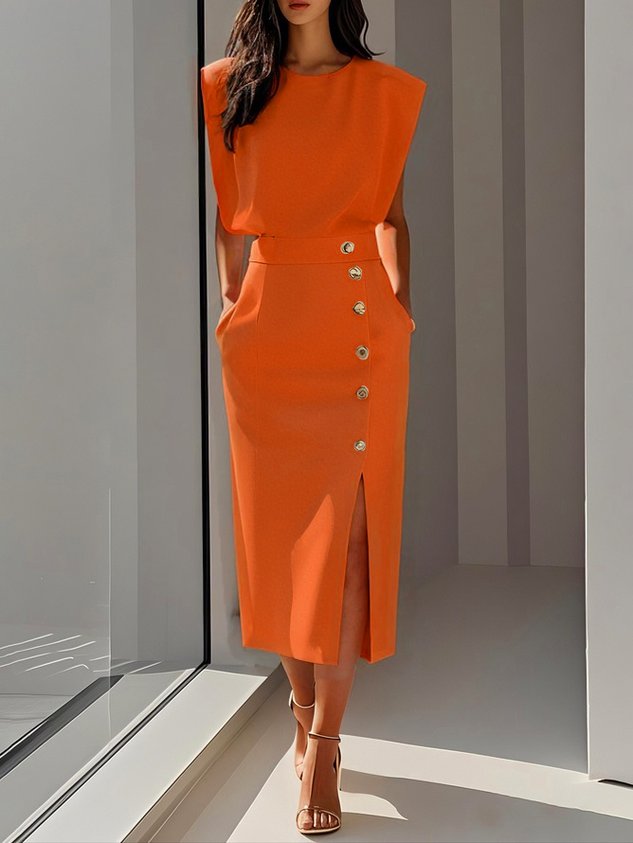 Sleeveless Midi Dress with Decorative Buttons and Slit