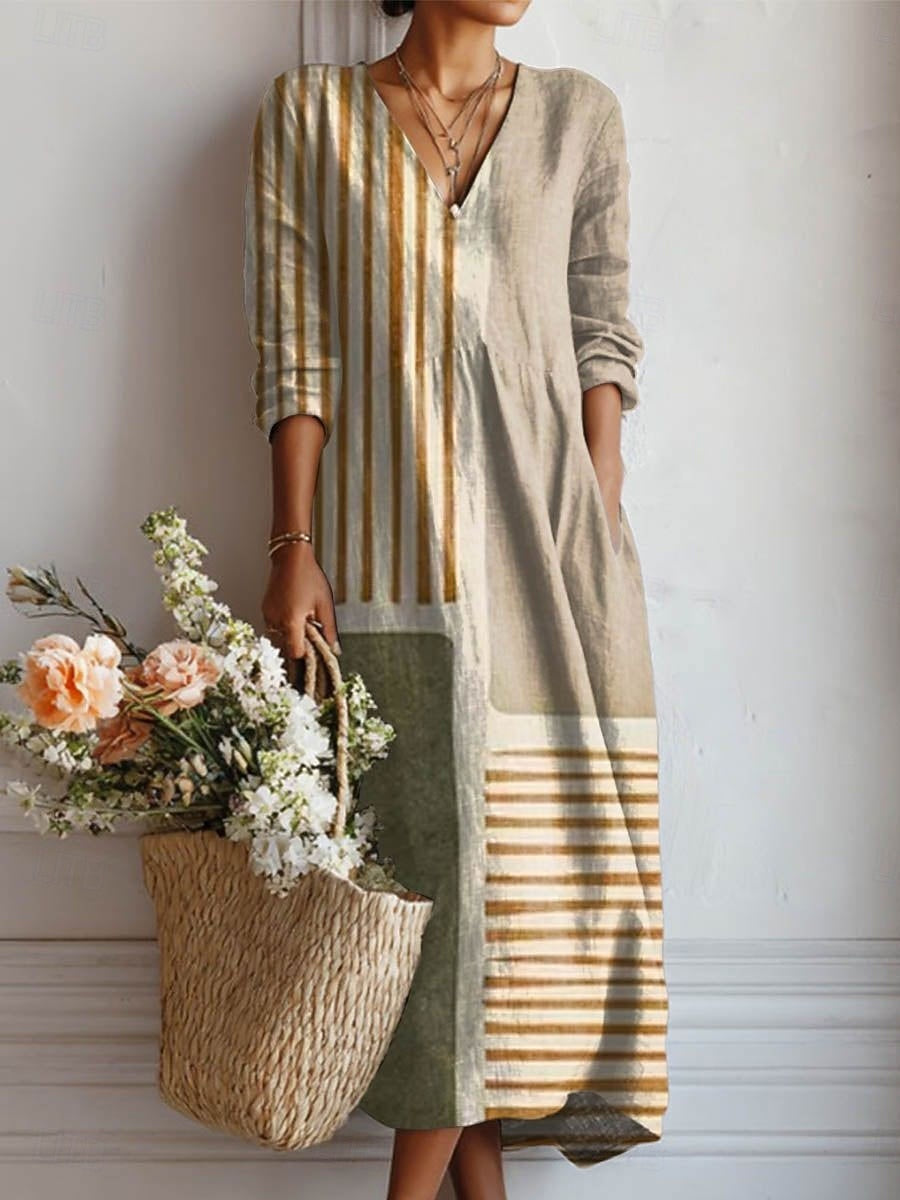 Robe Midi Bohème Décontractée Pour Femme Col en V et Manches 3/4
