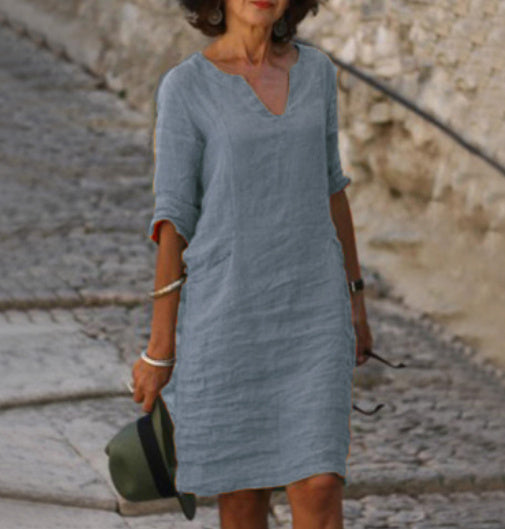 Robe midi femme col V manches trois quarts coupe décontractée style minimaliste