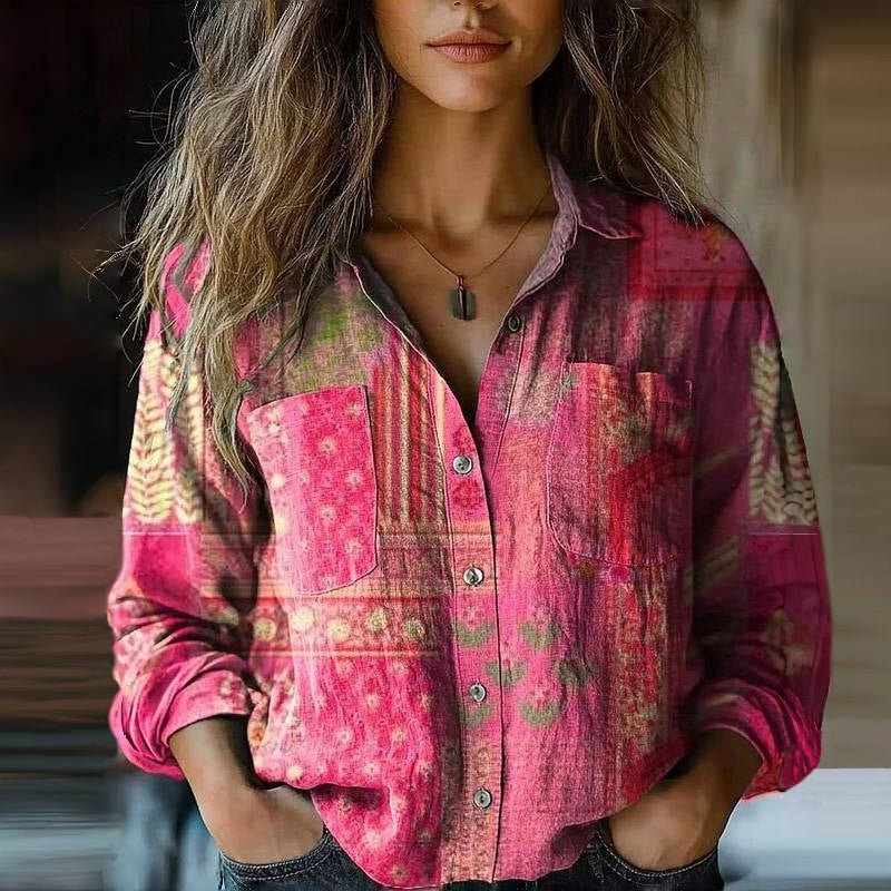Chemise Bohème Chic Imprimée Vintage à Manches Longues pour Femme