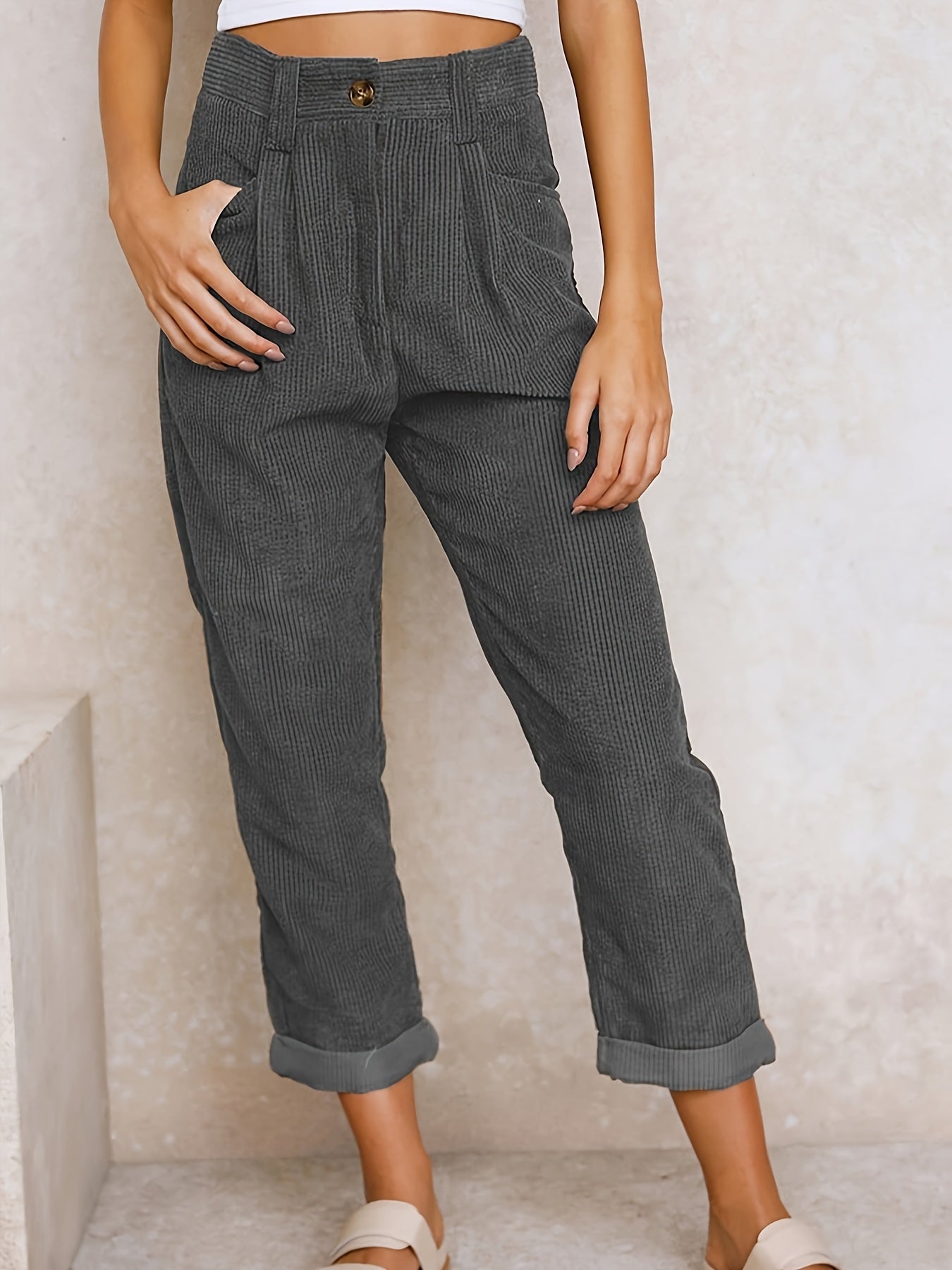 Pantalon Décontracté Coupe Relax avec Poches pour Femme