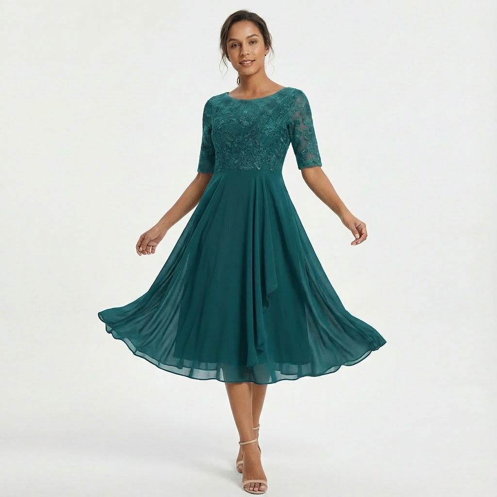 Robe de cérémonie midi en dentelle pour femme Eliza à manches mi-longues