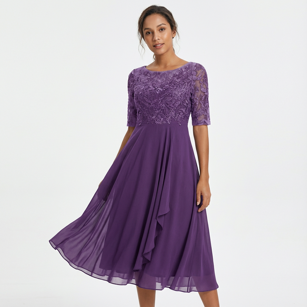 Robe de cérémonie midi en dentelle pour femme Eliza à manches mi-longues