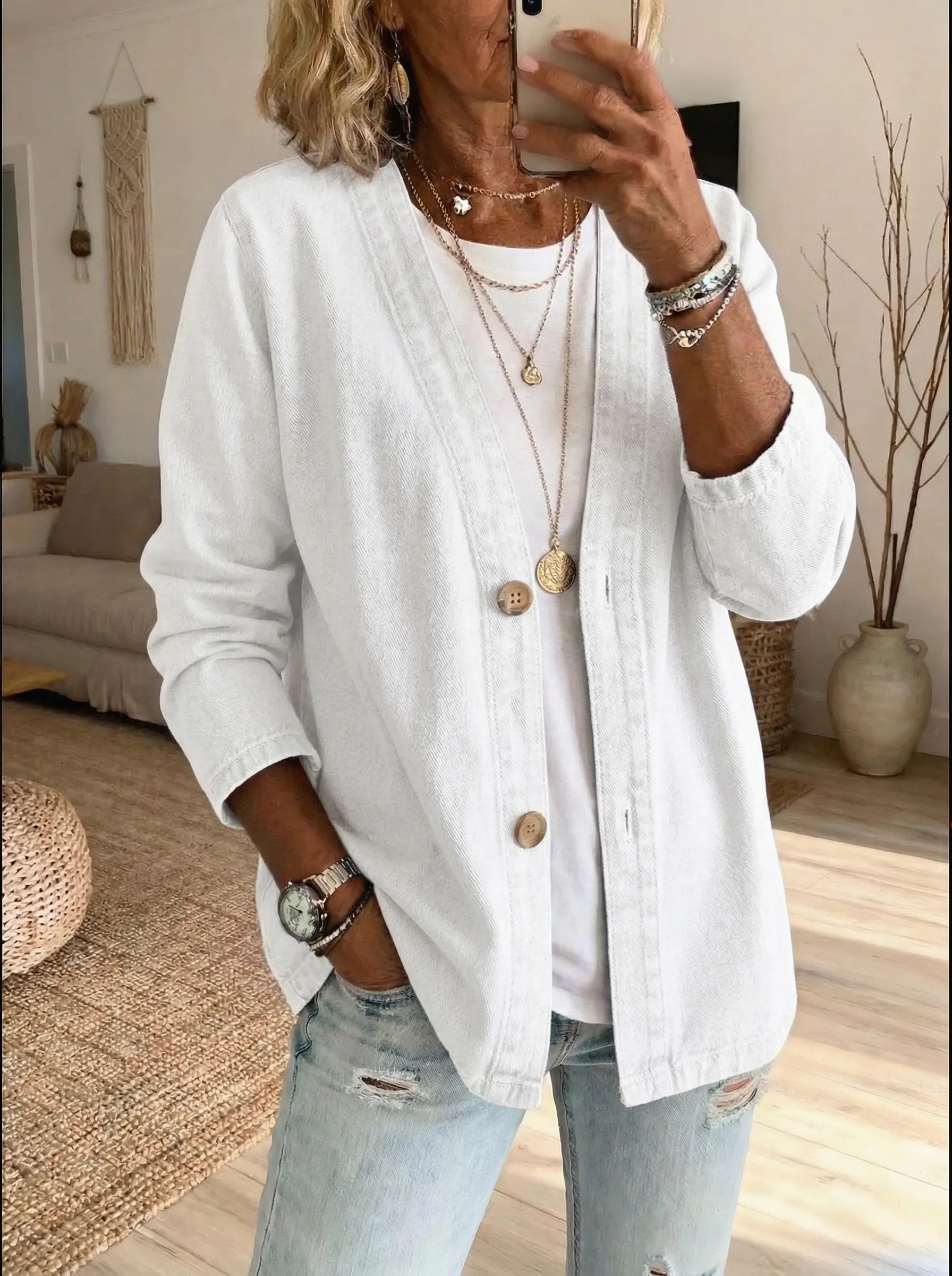 Casual Button-Up Denim Cardigan for Women