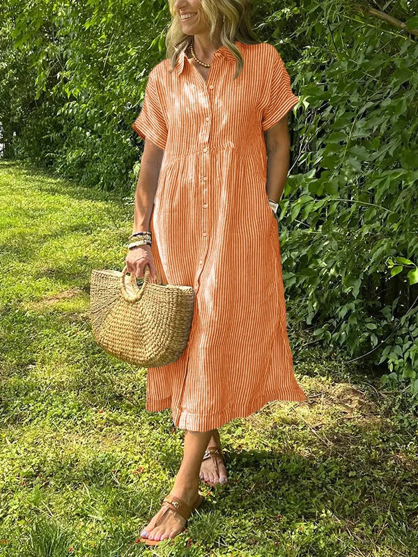 Robe Midi Rayée Décontractée à Boutonnage Frontal avec Col Chemise et Coupe Fluide