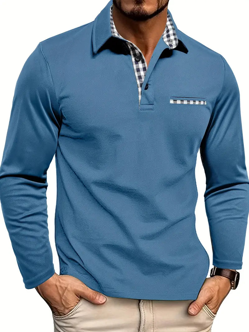 Men’s Long-Sleeve Polo Shirt with Contrast Collar