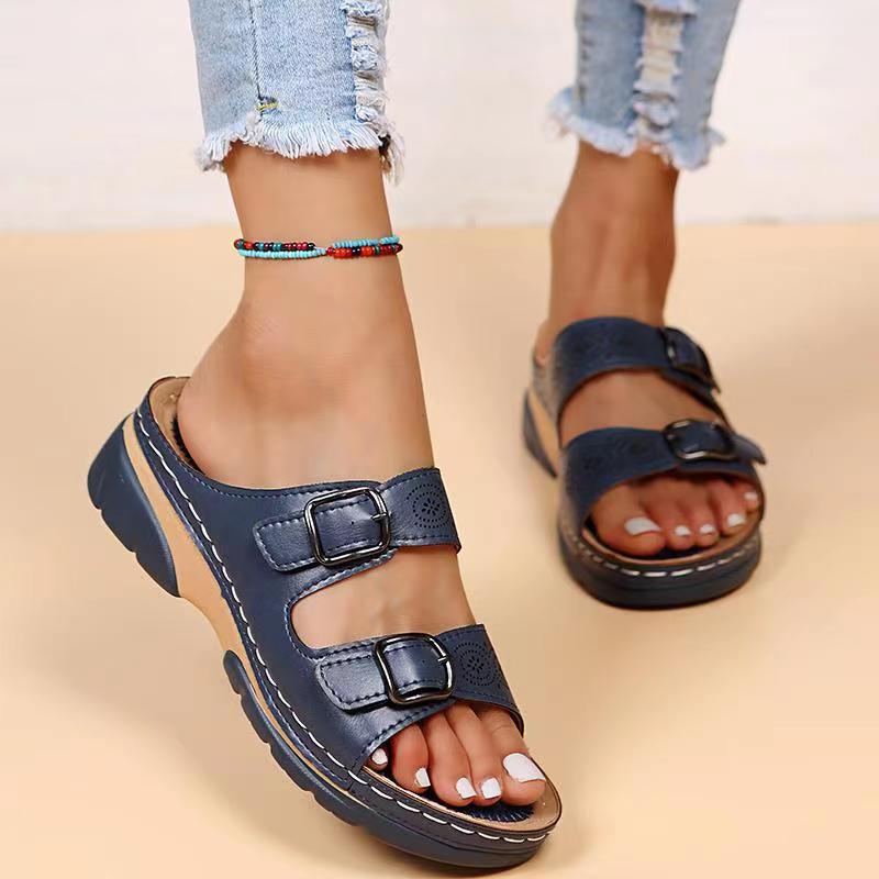 Sandales à enfiler confortables à double boucle pour femmes bout ouvert