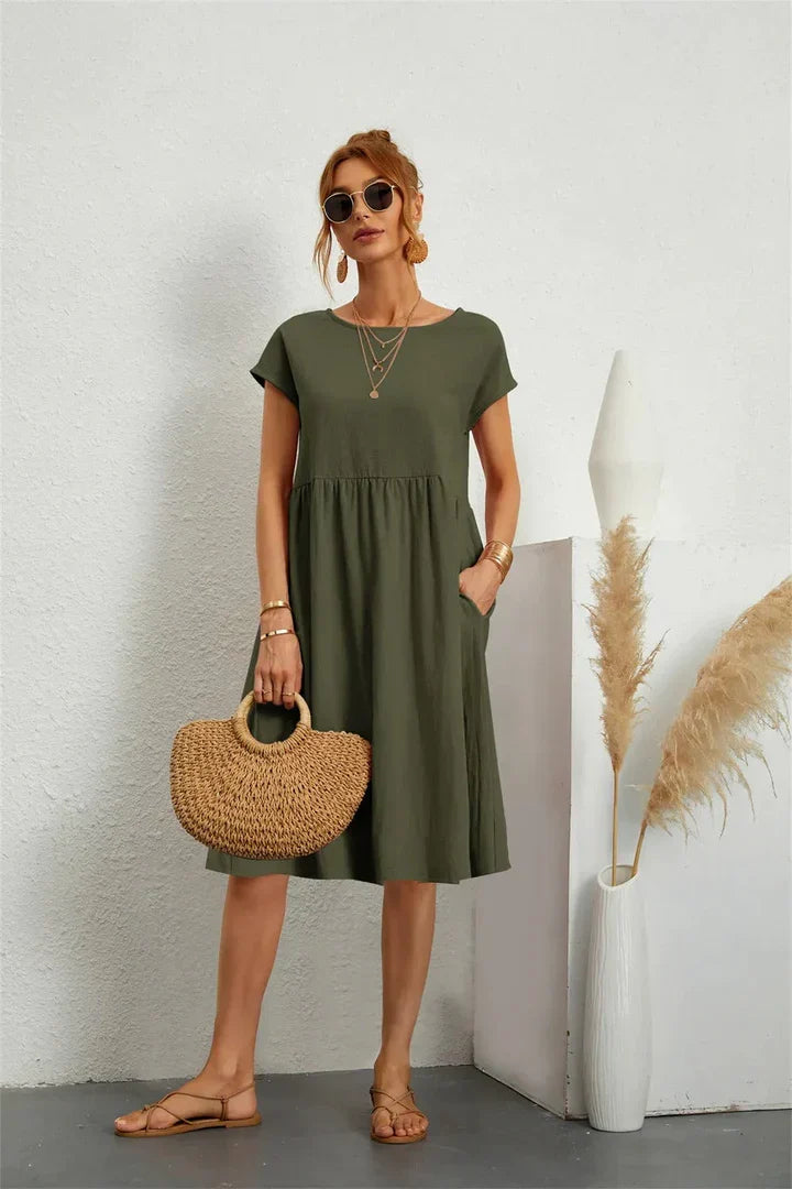 Women's Casual A-Line Midi Dress with Round Neckline