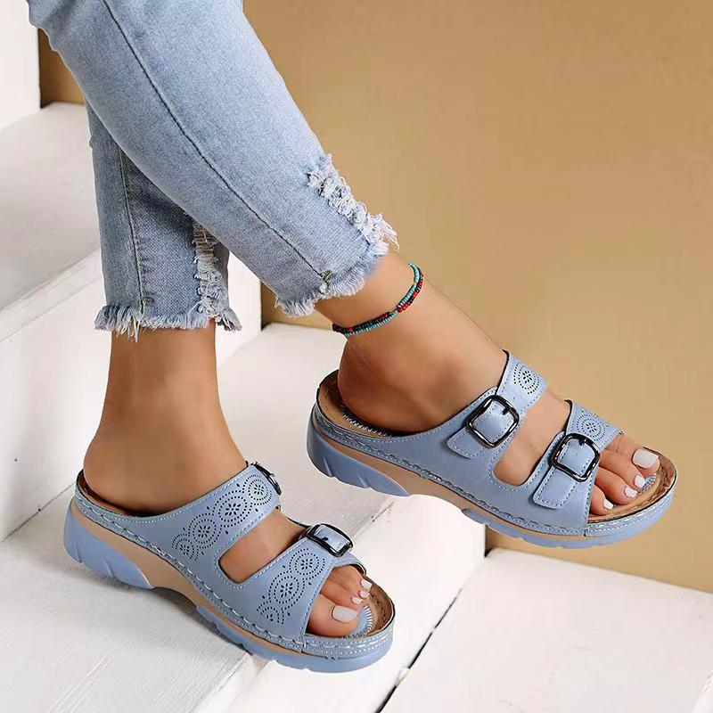 Sandales à enfiler confortables à double boucle pour femmes bout ouvert