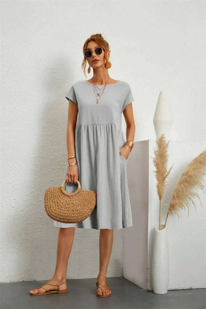 Women's Casual A-Line Midi Dress with Round Neckline