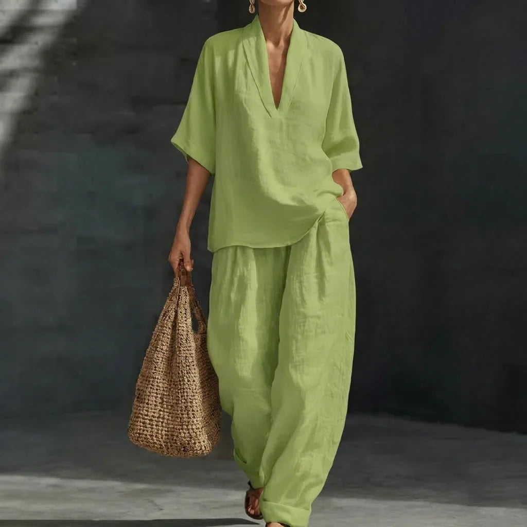 Ensemble Femme Décontracté Chic avec Blouse Ample à Col V et Pantalon Fluide Assorti