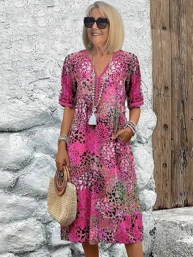 Robe midi fluide à col en V et imprimé floral pour femme