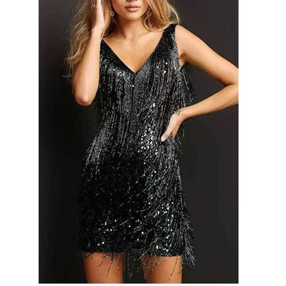 Women's Short Dress with Glitter Fringe