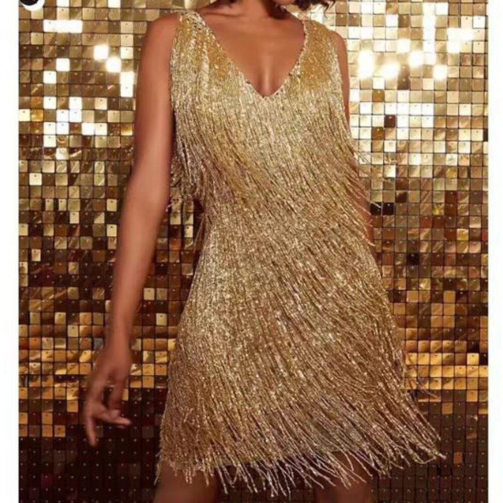 Women's Short Dress with Glitter Fringe
