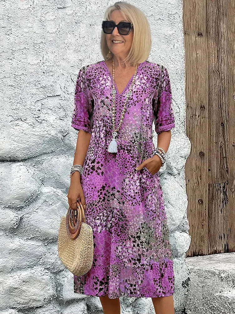 Robe midi fluide à col en V et imprimé floral pour femme