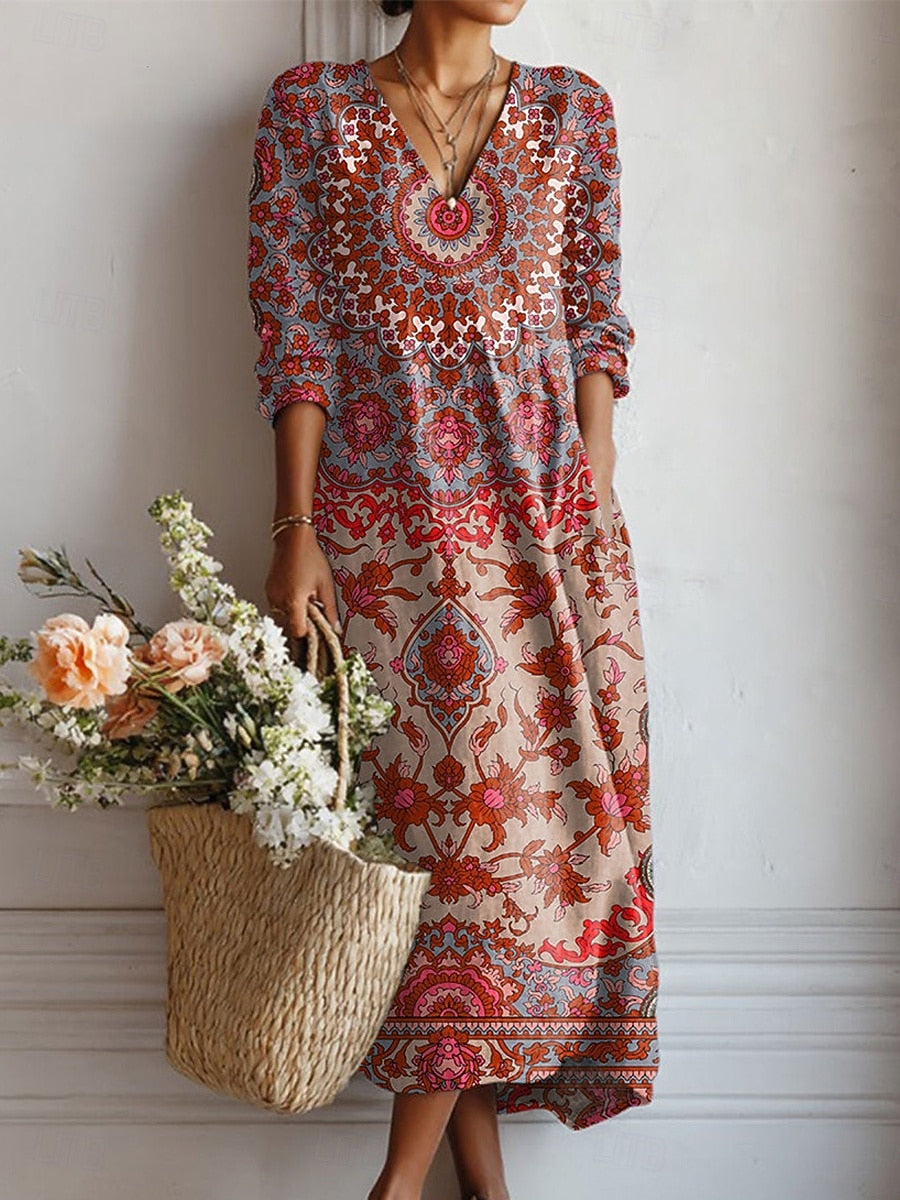 Robe Midi Bohème Décontractée Pour Femme Col en V et Manches 3/4