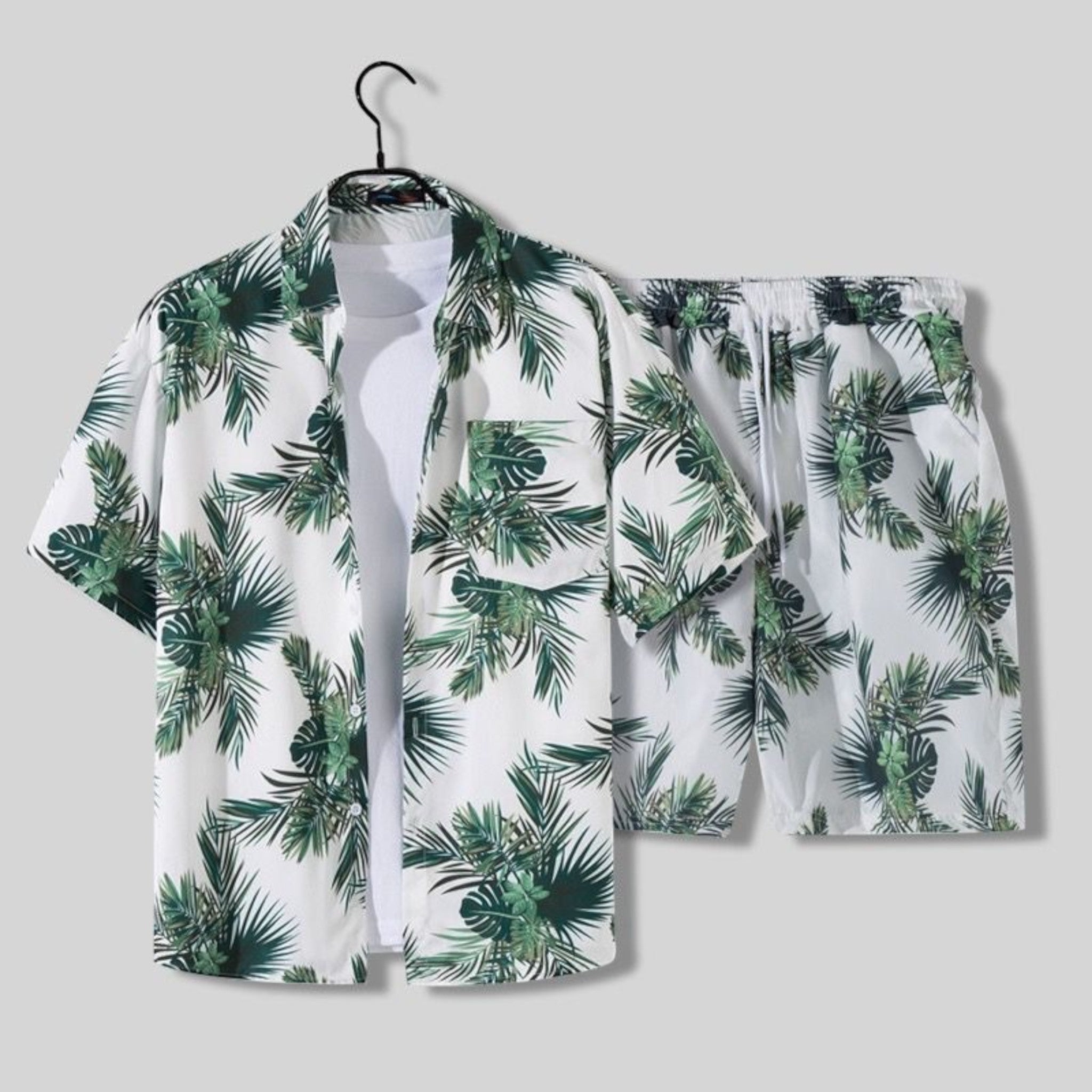 Short Sleeve Shirt and Tropical Print Shorts Set for Men