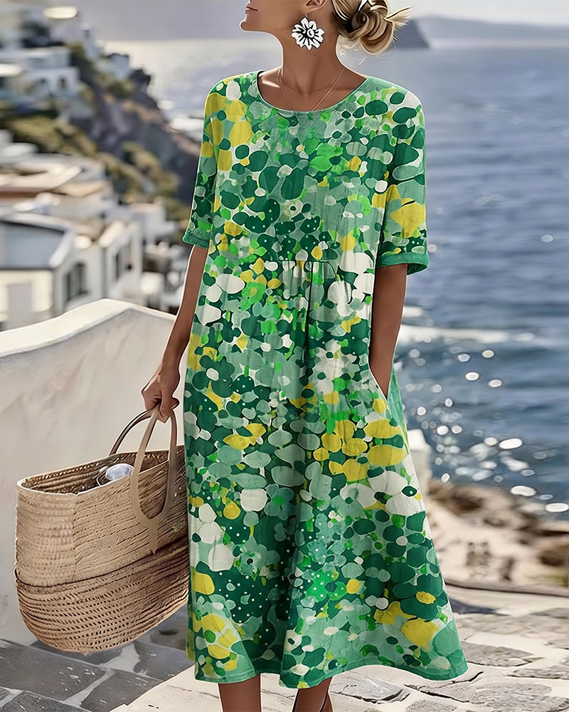 Women's Floral Print A-Line Midi Dress with 3/4 Sleeves