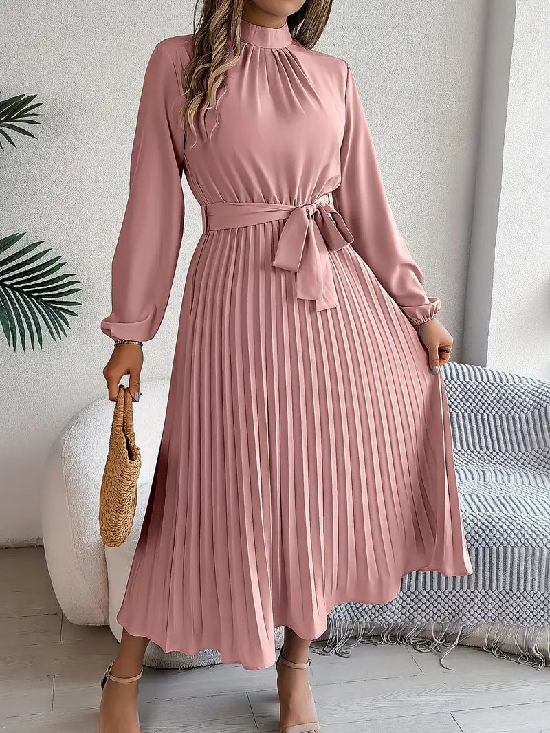 Vestido midi plisado para mujer con cuello alto