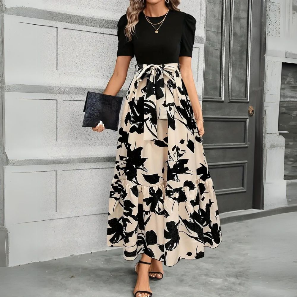 Robe maxi élégante pour femme avec imprimé floral contrastant
