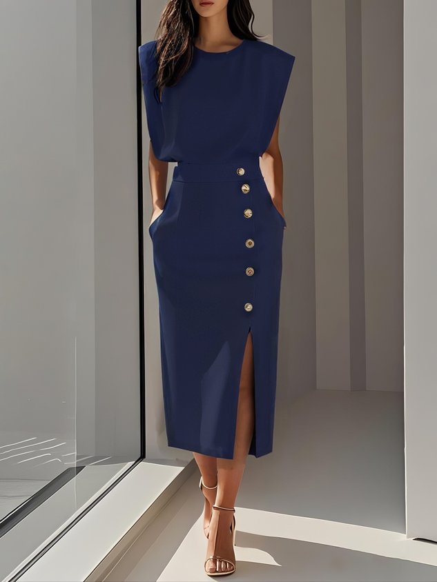 Sleeveless Midi Dress with Decorative Buttons and Slit