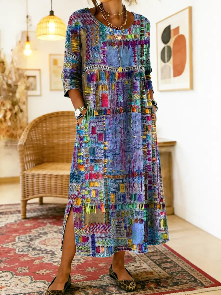 Robe Midi Femme à Imprimé Artistique et Fente Latérale