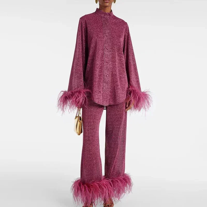 Chic Women's Feather Set Elegant and Glamorous Pants