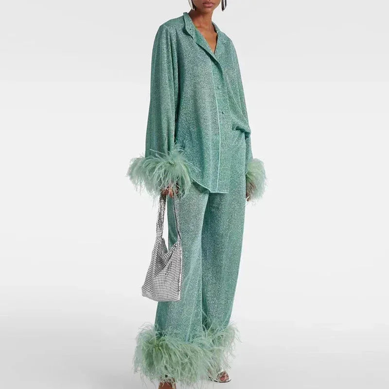 Chic Women's Feather Set Elegant and Glamorous Pants