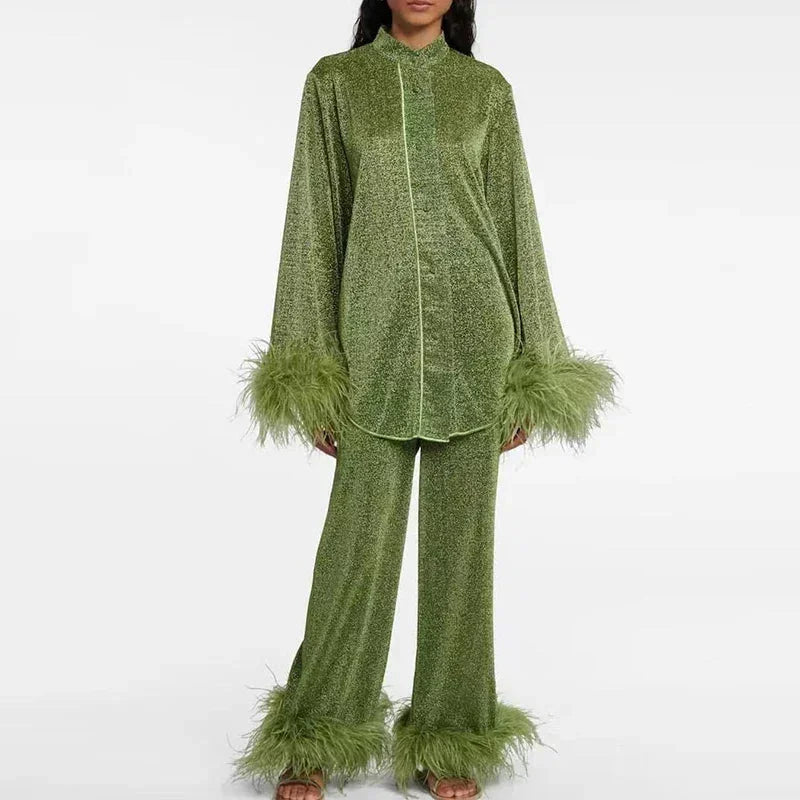 Chic Women's Feather Set Elegant and Glamorous Pants