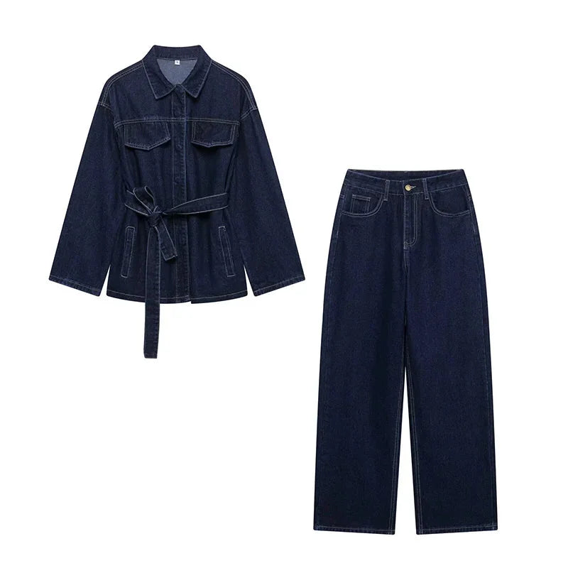 Ensemble Denim Femme Veste Ceinturée Et Pantalon Large