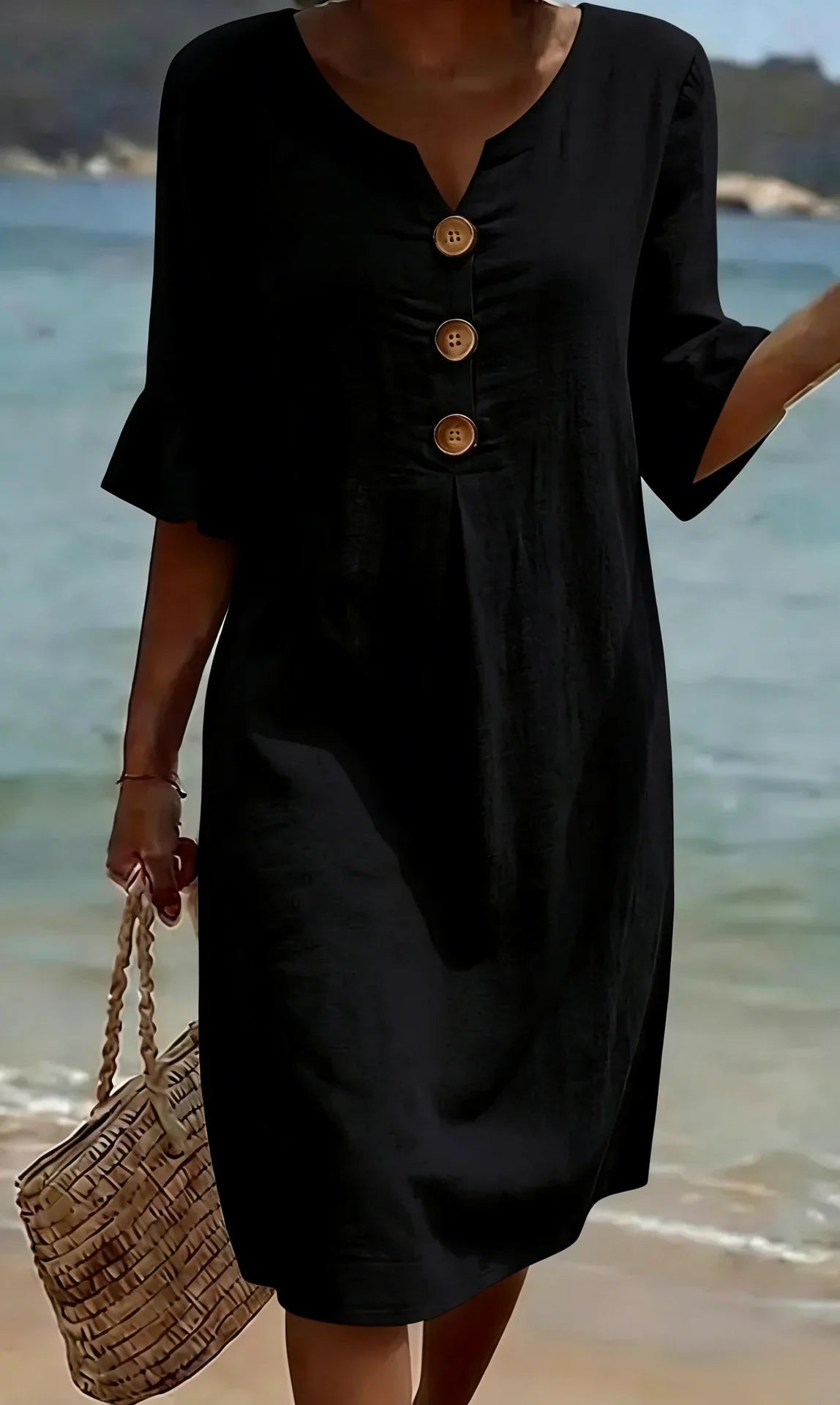 Robe Midi Femme Décontractée à Boutons Décoratifs et Manches Volantées Élégantes